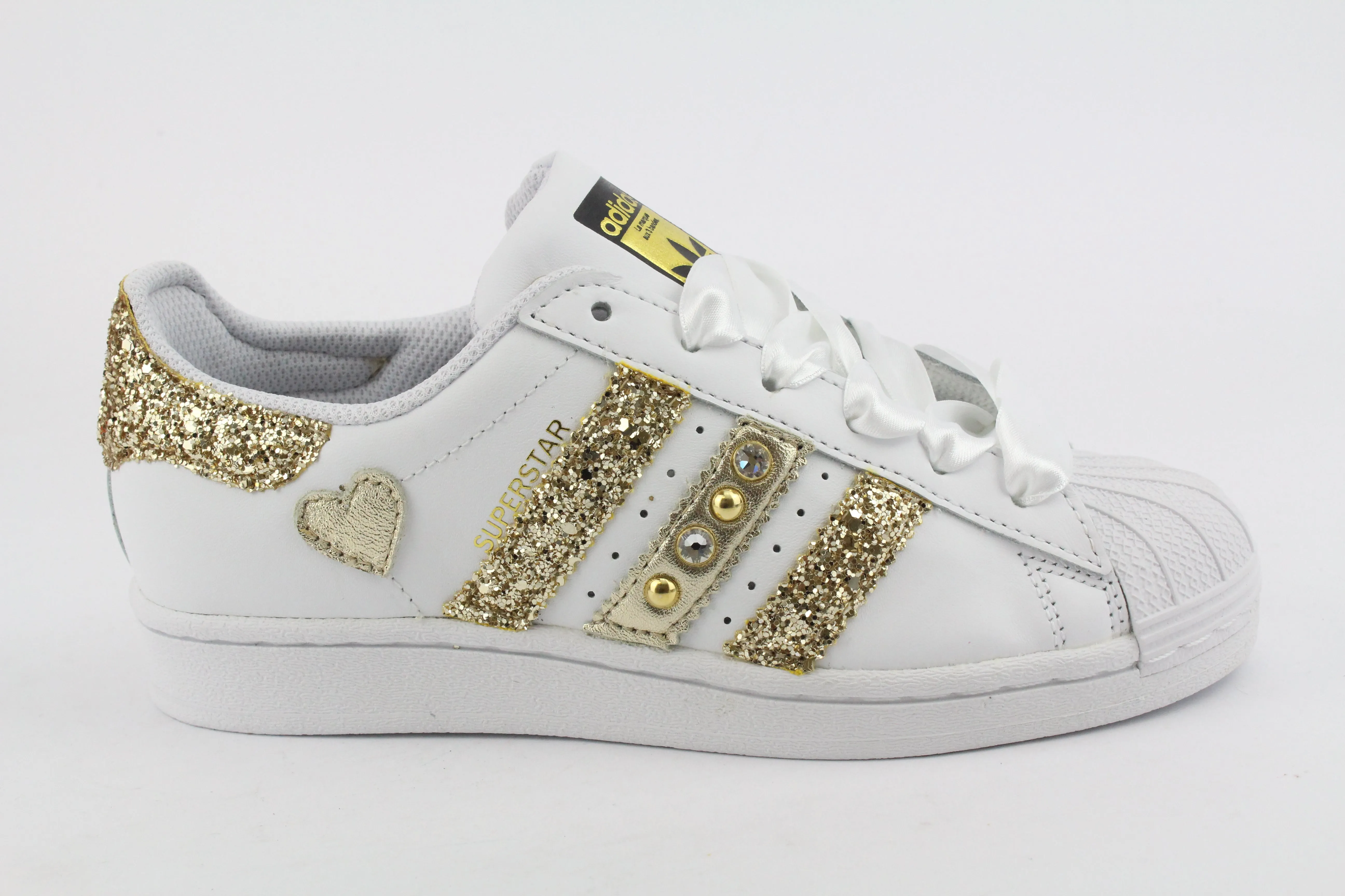 Adidas Superstar Glitter Gold Cuore Gold Strass & Lacci Raso