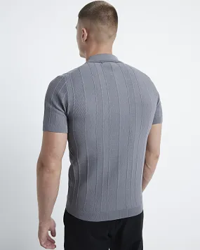 Grey muscle fit herringbone knit polo