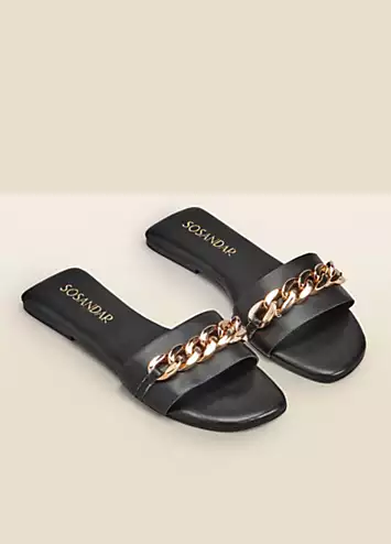 Sosandar Paradiso Black Chain Detail Flat Leather Mule Sandals | Kaleidoscope