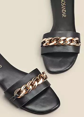 Sosandar Paradiso Black Chain Detail Flat Leather Mule Sandals | Kaleidoscope