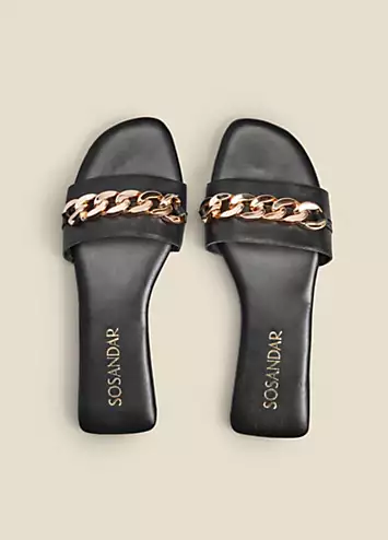 Sosandar Paradiso Black Chain Detail Flat Leather Mule Sandals | Kaleidoscope