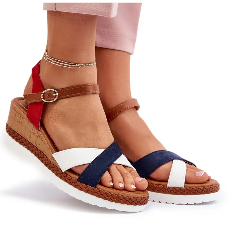 White and navy blue Kioda wedge sandals with straps