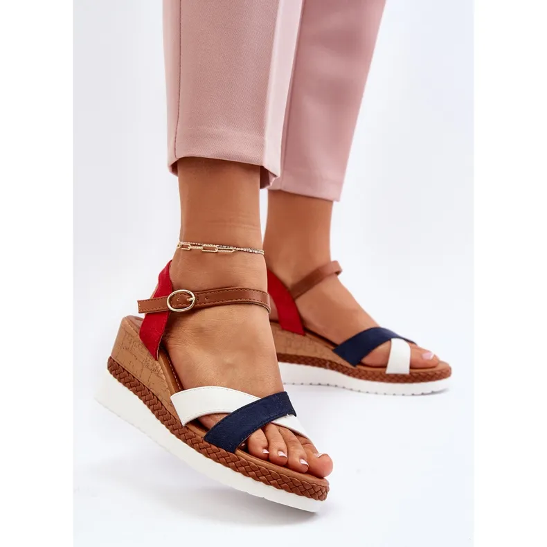 White and navy blue Kioda wedge sandals with straps