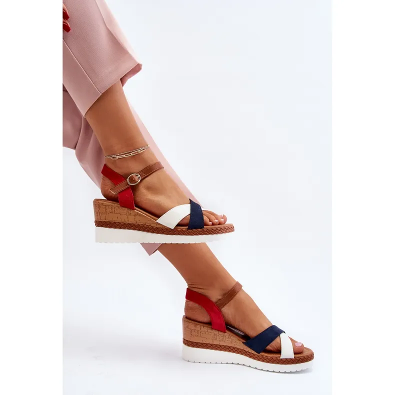 White and navy blue Kioda wedge sandals with straps